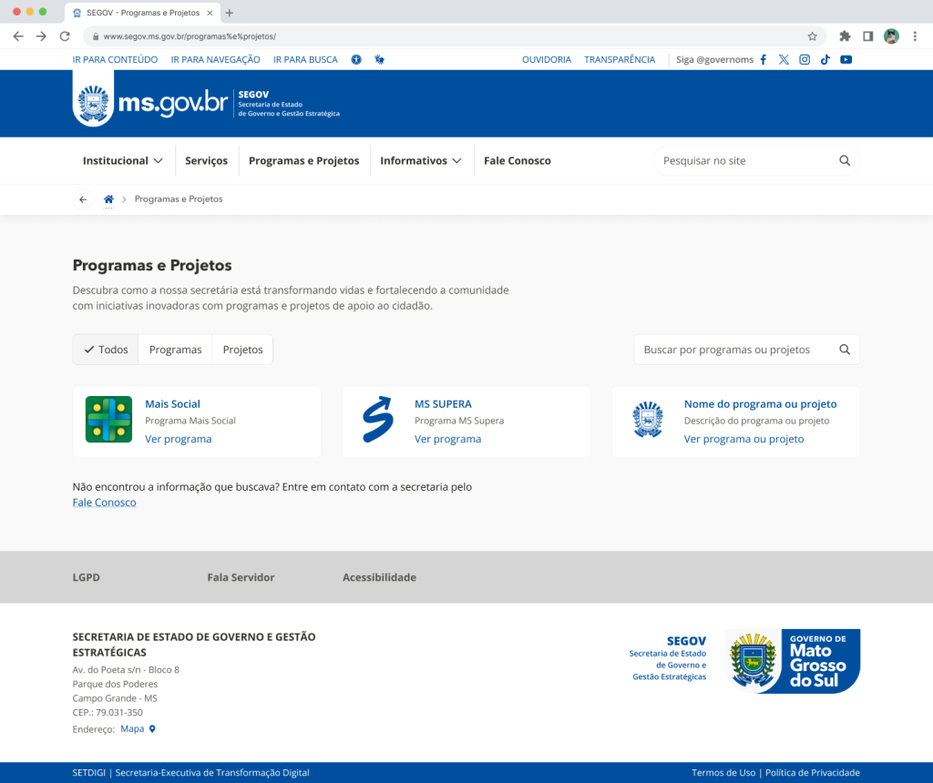 Imagem ilustrativa da página de programas e projetos, demonstrando os elementos e iniciativos da secretária SEGOV oferece para os cidades.
