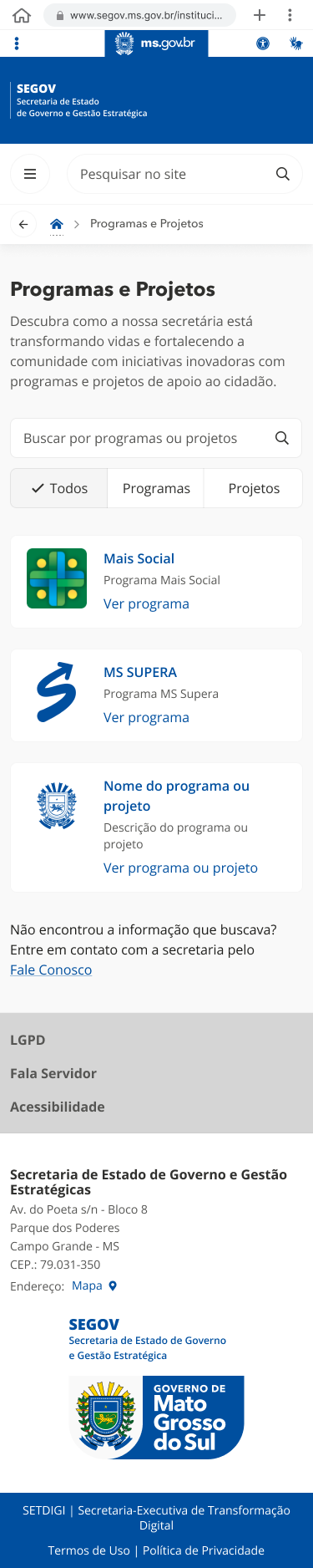 Imagem ilustrativa da página de programas e projetos, demonstrando os elementos e iniciativos da secretária SEGOV oferece para os cidades.